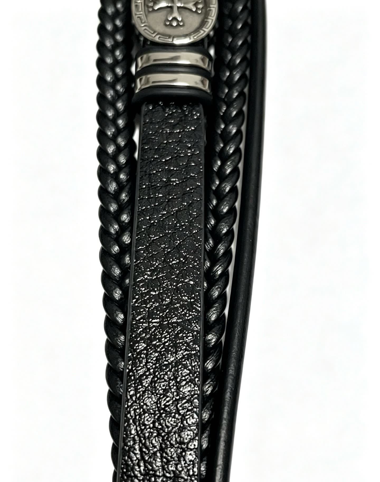 Chrome Hearts Men's Black Leather Bracelet with Silver Accents